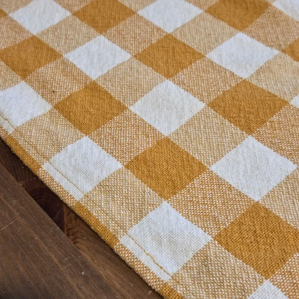 Long Mustard Yellow White Checked Cotton Fringed Table Runner Country Farmhouse